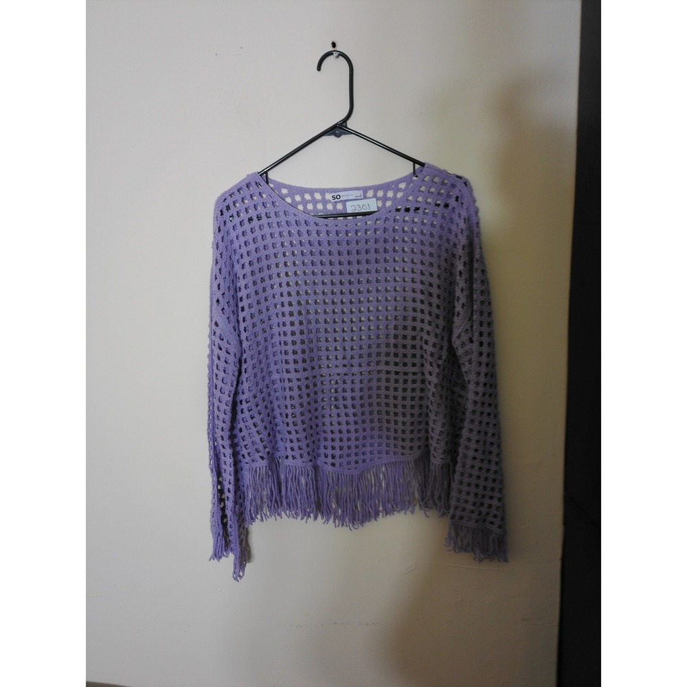 SO Crochet Sweater Women Large Lavender Boho Fringe Open Knit Festival Top